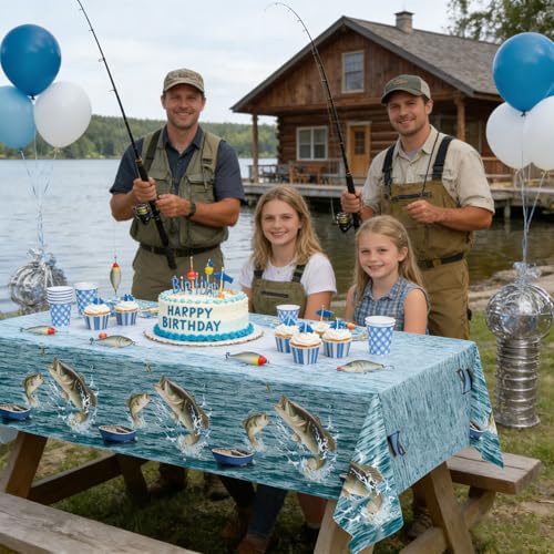 Image of QIYANPAX 4 Pack Fish Tablecloths, Fishing Birthday Party Decorations, Gone Fishing Plastic Tablecloths for Bass Ofishally One Birthday Decorations, 54 inch x 108 inch