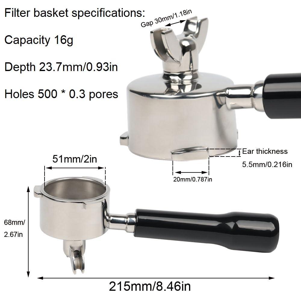 BEIJIALY Portafiltro Senza Fondo Per Caffè A 3 Orecchie 51mm Con Manico In Mogano E Acciaio, Cestello Incluso