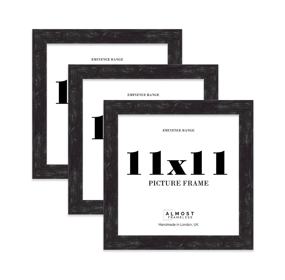 11x11" Distressed Black Picture Frame - Rustic Wood Industrial Effect Photo Frame for Wall Display, Ideal for Posters, Prints & Home Décor, Wall Hooks and Kickstand, 32mm Edge - 3 Pack