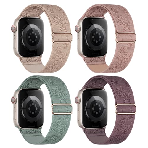 Image of 4 Pack Stretchy Solo Loop Compatible with Apple Watch Bands 38mm 40mm 41mm 42mm 44mm 45mm 46mm 49mm Women Men, Sport Nylon Elastic Straps Wristbands for iWatch Series 11 10 9 8 7 6 5 4 11 Ultra /SE 3 2