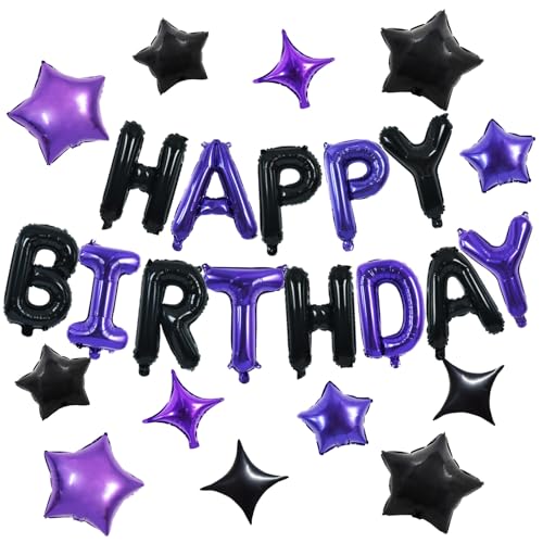 TONIFUL 35PCS Black Purple Happy Birthday Decorations Kit 16 Inch Happy Birthday Balloon Banner Decorations Supplies for Men Women Adults Girls Boys Kids for Halloween Chrismas New Year