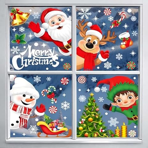 Pargleev 9 Sheets Mega Bundle of 268 Reusable Christmas Window Clings Decal Stickers - Snowflakes Deer Father-Christmas Snowman for Winter Frozen Party Supplies Wonderland Decorations Cover
