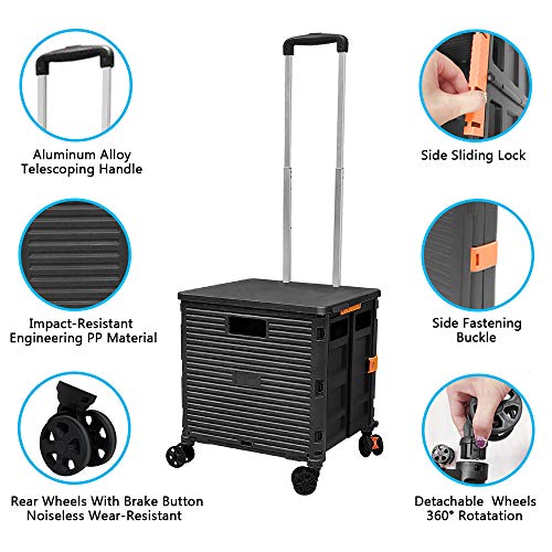 Image of Quick Utility Cart Folding Portable Rolling Crate Handcart with Durable Heavy Duty Plastic Telescoping Handle Collapsible 4 Rotate Wheels for Travel Shopping Moving Luggage Office Use (Black)
