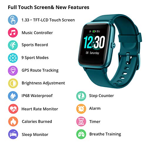 Women’s/Men’s Smartwatch for Android/iOS, Fitness Wristband, Full Touchscreen, 5 ATM Waterproof, with Heart Rate Monitor, Sleep Monitor, Stopwatch, Music Control, Sports Watch, Activity Tracker, green - Image 3
