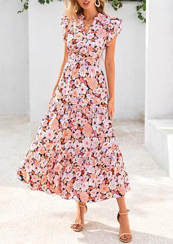 Image of PRETTYGARDEN Women's 2026 Summer Floral Midi Dress Cap Sleeve V Neck Ruffle Long Flowy Boho Casual Beach Vacation Dresses