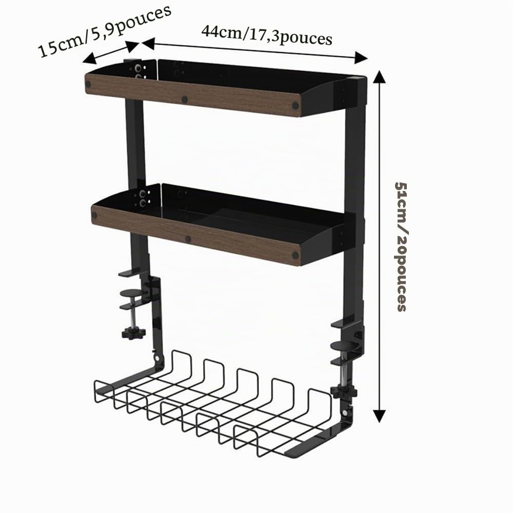 Organisateur de Bureau à Pince avec Plateau de Gestion des Câbles sous Le Bureau, Étagère de Bureau à Pince à 2 Niveaux avec Plateau de Rangement Réglable pour Accessoires de Table