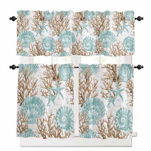 Green Coastal Seashells Kitchen Curtains 36 Inch Length,3 Piece Rod Pocket Small Half Tiers and Valance Set,Nautical Brown Coral Starfish Small Large Window Treatment Decor for Bedroom/Bathroom Sink
