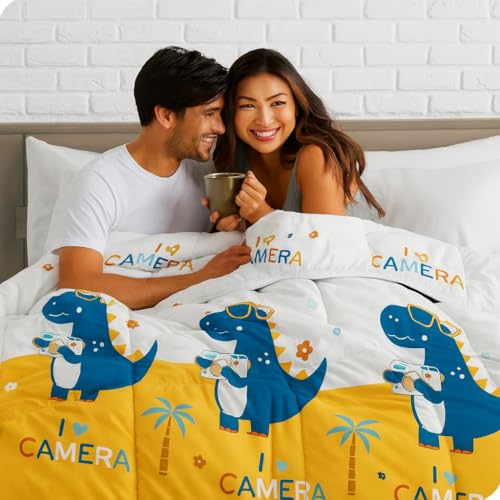 Image of 200 GSM 400 TC Kids Glace Cotton Reversible Cartoon Printed Double Bed King Size Comforter with Matching Bedsheet 90x100 Inches with 2 Pillow Covers Set of 4 Pieces- Blue Dinasour