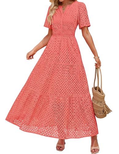 Image of ZESICA Women's 2026 Summer Short Sleeve Maxi Dress Casual V Neck Hollow Out Eyelet Ruffle Swing A Line Long Dresses