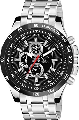 PIRASO Stunning Black Dial with Silver Stainless Steel Chain Analog Watch for Men Boys (B0B292WTGZ) Amazon Price History, Amazon Price Tracker