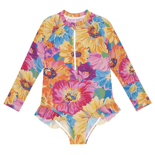 ALAZA Toddler Swimsuit Girl Bathing Suit Swimwear Rash Guard Oilpainting Flower Long Sleeve 3T - Main Image