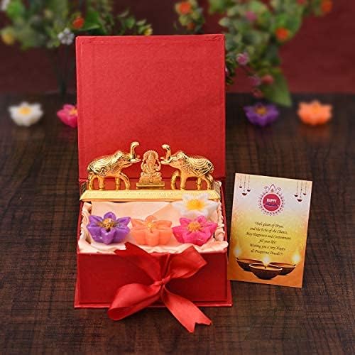 Frienemy Presents Aluminium Diwali Decoration Items of Ganesha Kumkum Dani Chandan Roli Box, Set of 4 Wax Floating Candles, Special Greetings Card (6.5" X 3" X 1.5", Frienemy-0379