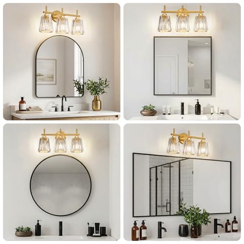 Image of Crystal Bathroom Light Fixtures Over Mirror, Gold 3-Light Bathroom Vanity Lights Over Mirror Modern Wall Lighting Sconces with Ceramic E26 Base (Bulbs Not Include)