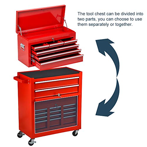 8-Drawer Rolling Tool Box, Rolling Tool Chest with Drawers and Wheels, Tool Storage Cabinet with 4 Swivel Wheels (2Pcs with Brake), Keyed Locking System Tool Organizer (Red)