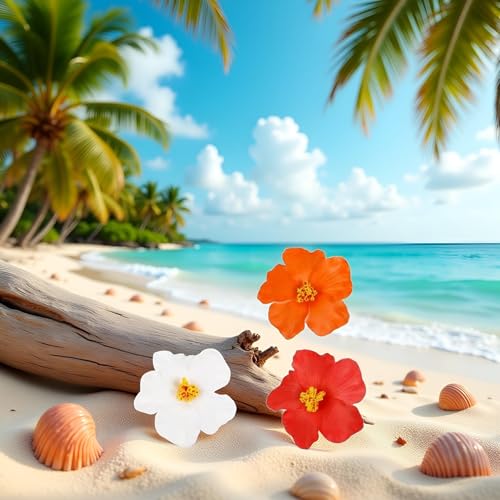 3Pcs Tricolor Clips de Flores Hawaianas para el Cabello para Mujeres Plumeria Hibisco Clip de Pelo Flor Artificial de 3.5 Pulgadas para Vacaciones, Fiesta en la Playa y Broches miniatura 4