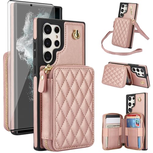 Coque Samsung S21 Ultra 5G Étui Portefeuille en TPU avec Protège-Écran Verre Trempé et Dragonne