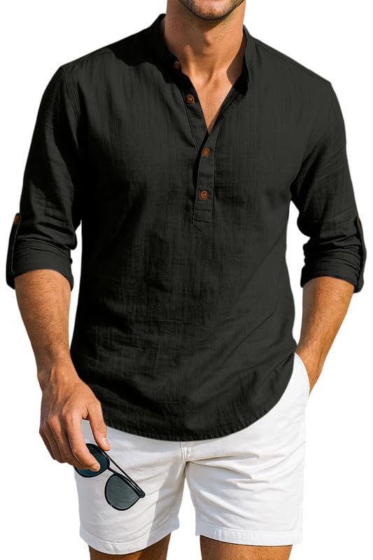 Image of Macsivo Men's Cotton Blend Solid Short Kurta with Mandarin Collared Full Sleeve Drawstring Stylish Straight Length | Kurta for Men Stylish