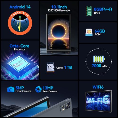 Image of Tablet 10.1 inch Android Tablets, 2026 Octa-Core Processor with 64GB Storage, WiFi 6 Tableta, 13MP+5MP Dual Camera, 2 in 1 Tablet with Keyboard, Bluetooth, FHD IPS Screen, Mouse, Case, Stylus