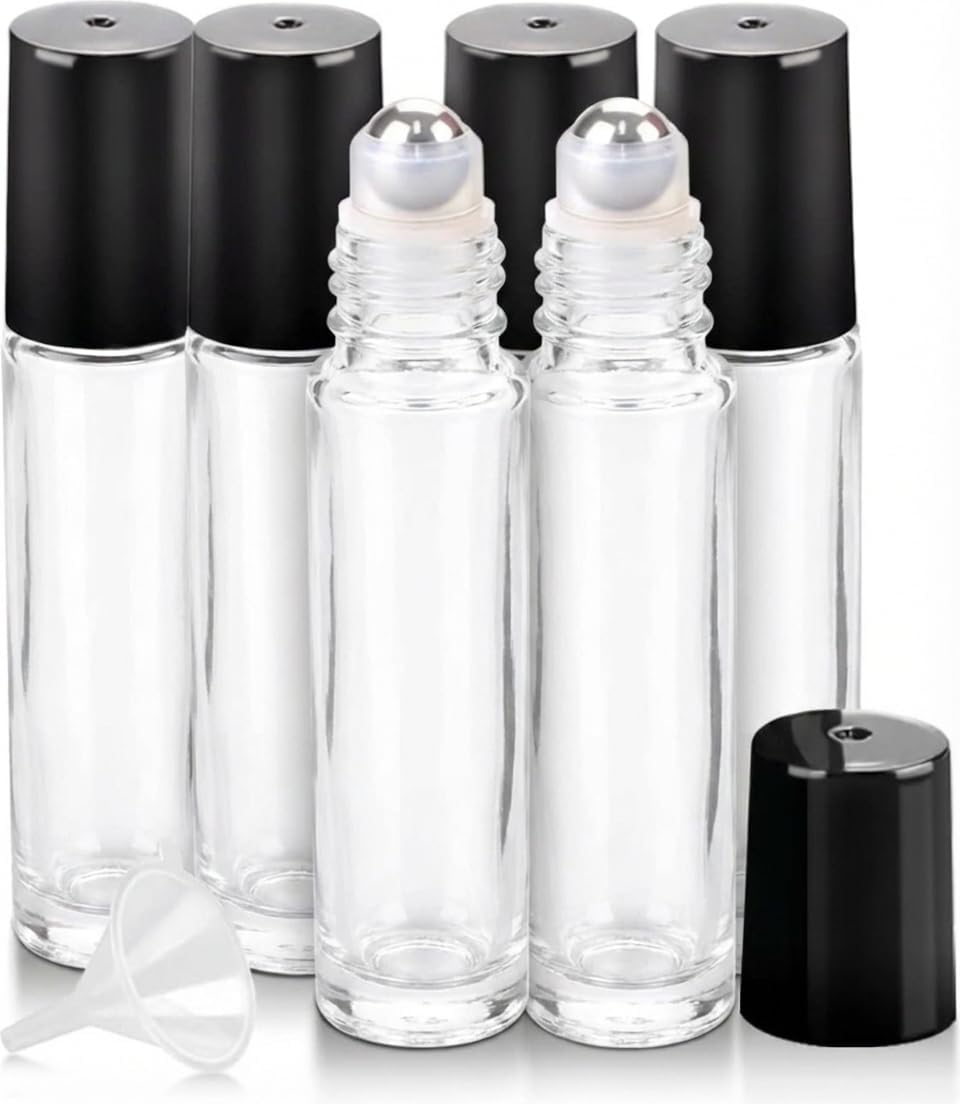 10 ml Roller Bottles for Essential Oils Glass Roll On Bottle, Rollerball Bottles 6 Pack Clear