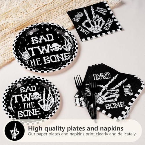 Image of Greencian 96Pcs Bad Two The Bone 2nd Birthday Party Supplies, Serve 24 | Black White Rock Plates and Napkins Bone Skull 2nd Birthday Tableware Set for Boy Skeleton Rock And Roll Party Decorations