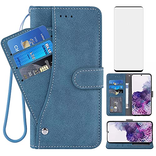 Compatible with Samsung Galaxy S20 Plus Glaxay S20+ 5G Wallet Case and Tempered Glass Screen Protector Flip Cover Credit Card Holder Cell Phone Cases for Gaxaly S20+5G S20plus 20S + S 20 20+ G5 Blue