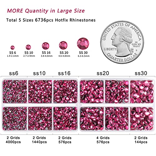 Image of 6736pcs Hotfix Rhinestones Flatback,Rose Rhinestones for Crafts Clothes Mixed 5 Sizes, Hotfix Crystals with Tweezers and Wax Pencil Kit, SS6-SS30,Rose