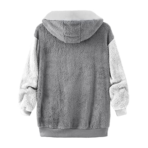 Fuzzy Fleece Jackets for Women Plus Size Hoodies Fall Winter Coats Color Block Patchwork Cardigan Coat with Pockets