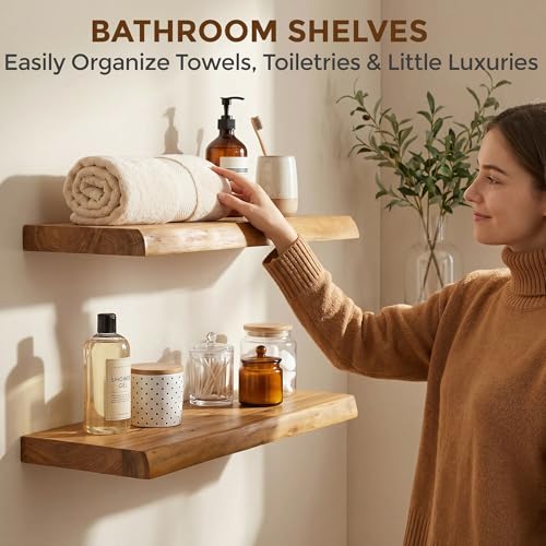 Image of Dreamland Floating Shelves 24 Inch Long, Rustic Solid Elm Wood Live Edge Floating Shelf Wall Mounted, Wall Shelves Set of 2 with Invisible Bracket for Living Room Bathroom Kitchen, Natural