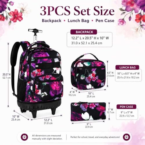 Image of 3Pcs Rolling Backpack for Girls, 19 Inche Rose Roller Bag with Wheels, Adults Wheeled Bookbag Set for Women(Black)