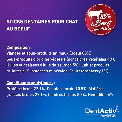 Vetocanis | Dentactiv | Dental Katzen Sticks | Köstliche Katzen Leckerlies | Katzen Zahnpflege & Gesundheit | Katzensnacks 85% Rindfleisch | Katzenfutter empfohlen von Tierärzten | Anti-Plaque-System