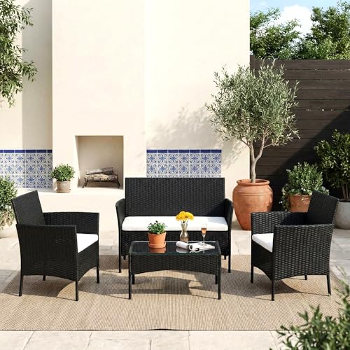 Image of OUTLIVING Outdoor 4 Seater Sofa Set || Patio Furniture Sets || Balcony Sofa || Indoor Sofa || Wicker Rattan Garden Sofa Set with Cushion and Center Table (Black /White)