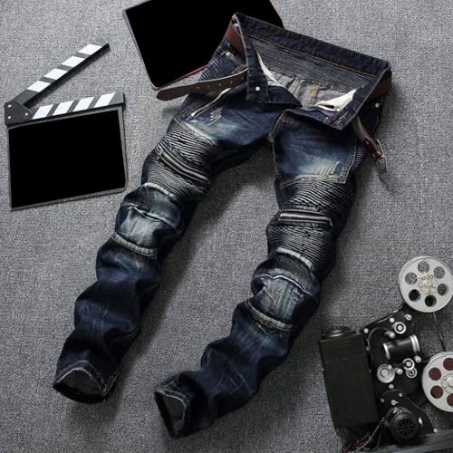 Biker Jeans Men Washed Straight Leg Denim Jeans Trendy Casual Slim Fit Stretch Jogger Pants with Pockets2