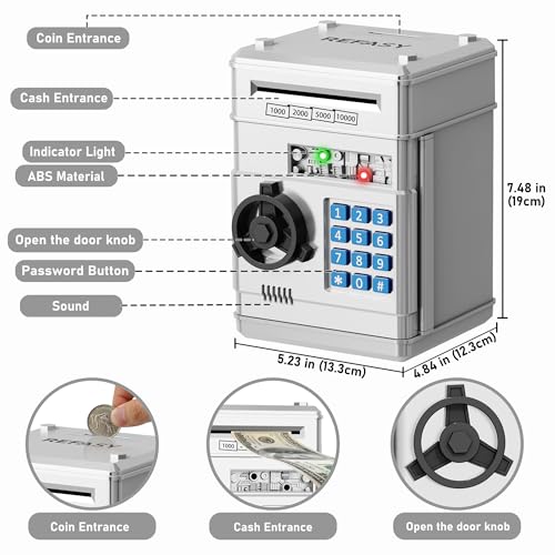 Image of Refasy Piggy Bank Cash Coin Can ATM Bank Electronic Coin Money Bank for Kids Age 3-12, Money Savings Box Mini ATM Coin Bank Toys Gifts for 3 4 5 6 7 8 9 10 11 12 Year Old Boys Girls
