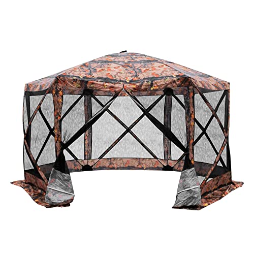 Outsunny 12’ x 12’ 6-Sided Hexagon Hub Gazebo Screen Tent with Mesh Netting Walls & Shaded Interior, Flower Pattern