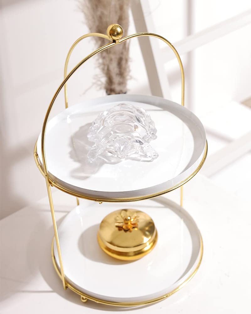 Metal Two-Tier Cake Stand Snack Platter – White and Gold (42 cm) | Elegant Dessert Display Tray for Home Décor, Parties, Weddings & Events | Stylish Serving Stand for Cakes, Snacks & Appetizers