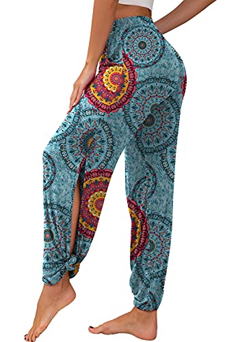 PrinStory Women's High Waisted Yoga Pants Wide Leg Lounge Joggers Pants Side Slit Lounge Workout Sweatpants with Pockets FP-Mix Blue-X-Large