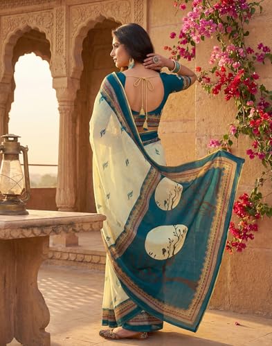Image of SIRIL Women's Printed Cotton Linen One Minute Ready to Wear Saree With Unstitched Blouse Piece