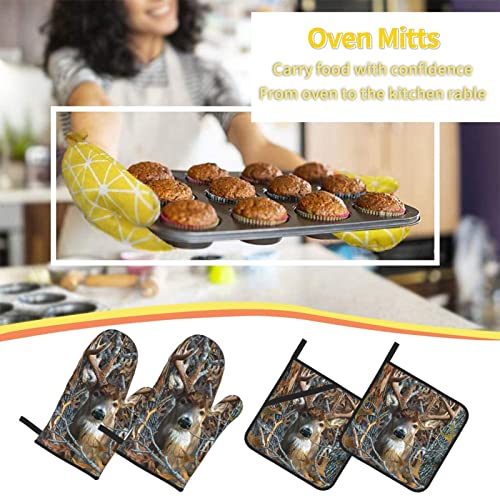 Camo Deer Oven Mitts And Pot Holders Sets, 4 Piece Set, Heat Resistant Polyester Gloves And Pads For Kitchen Cooking Baking Grilling Bbq #TOP6