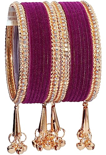 Image of NMII Metal with Zircon Gemstone and Velvet Studded Bells Latkan Bangles Set For Girls and Women I Latkan Bangles, Premium Bangle Bracelet Set I Pack of 16 Bangles