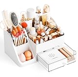 Yieach Countertop Makeup Organizers With Brush Holder,Big Skincare Organizers for Vanity,Dresser,Bathroom,Plastic Cosmetics Storage Organizer with Drawers for Lotion,Beauty,Hair Product & Tool,White
