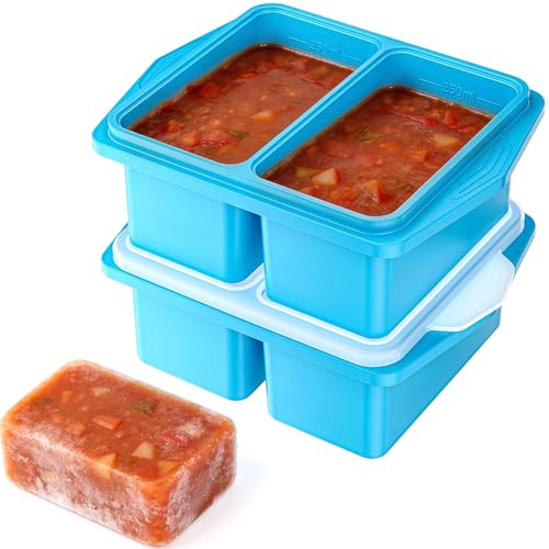 Huiguli Lot de 2 Plateau de Congélation avec Couvercle Silicone Alimentaire, Récipients de Congélation pour Soupes, Bac a Glacon, Récipient de Stockage pour Sauces, Glace, Meal Prep, 250mL/500mL, Bleu