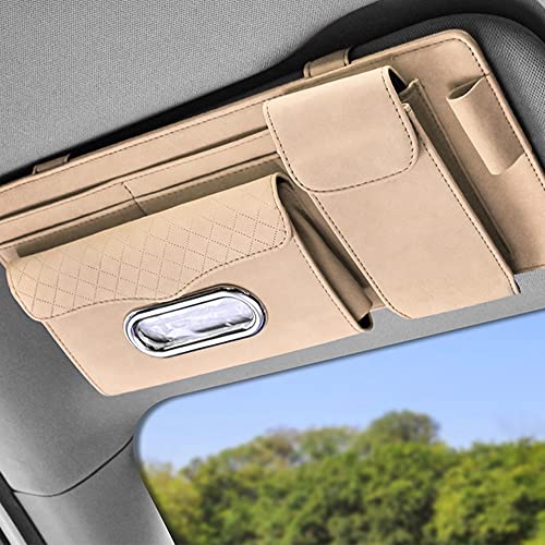 Image of Automaze Suede Sun Visor Organizer Tissue Napkin Box Holder, with Sunglass Holder, Card Slot, Pen Holder (Beige)