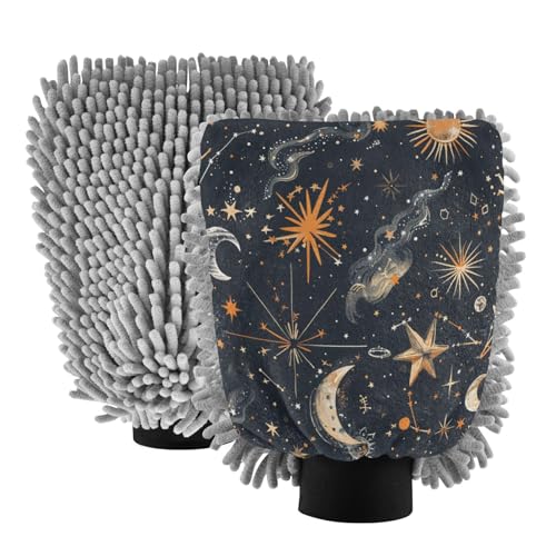 ALAZA Sun Moon & Star Boho Car Wash Mitt Scratch Free, 2 Pack Absorbent Microfiber/Chenille Washing & Drying Mitts, M
