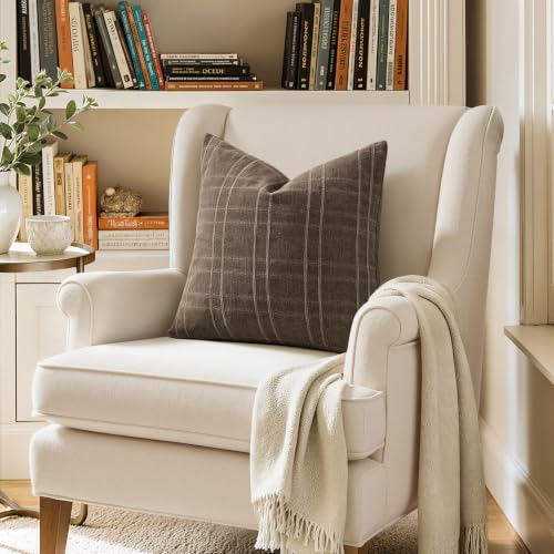 Image of MIULEE Decorative Linen Check Throw Pillow Covers Neutral Farmhouse Vintage Pillow Covers 24x24 Set of 2 Boho Modern Home Decor for Sofa Couch Bedroom Cushion Dark Coffee