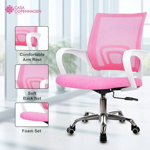 Image of Casa Copenhagen Mesh Mid Back Office /Study /Computer /Revolving /Desk Chair for Work from Home -Metal Base, Height Adjustable Seat- Smoky Pink & White Handle