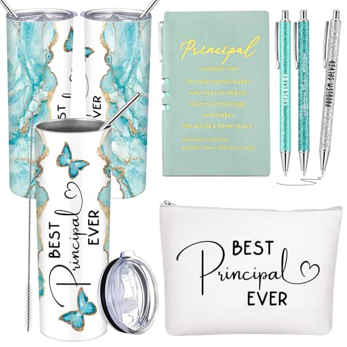 Domensi 6 Pcs End of The Year Gifts for Principal Thank You Gift 20oz Rustic Butterfly Marble Sign Tumbler Makeup Bag Journal for Assistant Principal School Office Birthday Retirement (White)