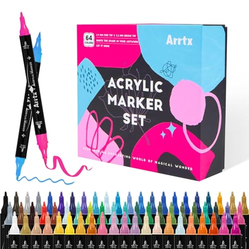 Arrtx 64 Colors Acrylic Marker for Rock Painting, Dual-Tip Pen, Art Supplies, Fabric Paint, Fabric Markers, Paint Pen, Art Markers, Waterproof Paint DIY Crafts Making