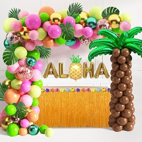 Tropical Luau Balloons Arch Garland Kit Luau Party Decorations with Palm Leaves Flamingo Palm Tree Aloha Foil Balloon Coconut Balloons Set for Tropical Hawaiian Aloha Luau Flamingo Party (Aloha-A) Cover