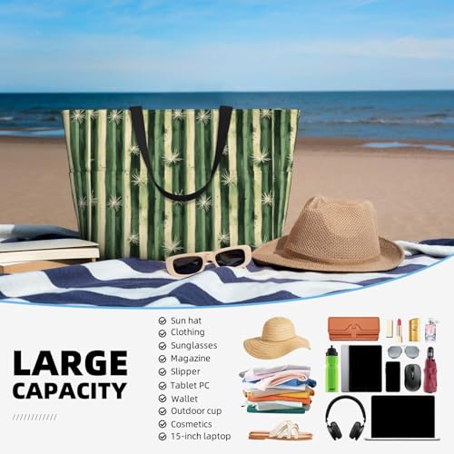 Large Beach Bags for Women Sandproof - Cactus Vertical Stripes Print Summer Work Travel Tote Bags with Zipper4