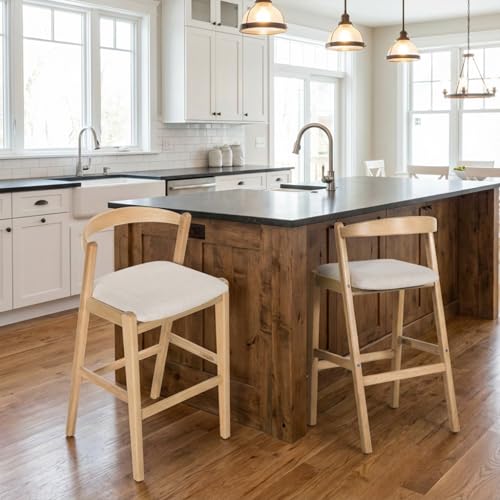 Butacos Altura Barra Modernos, Juego de 2, Estructura de Madera de Caucho Natural, Asiento Tapizado en Poliéster Beige, Apoyo Lumbar Ergonómico y Reposapiés, para Cocina e Isla miniatura 3